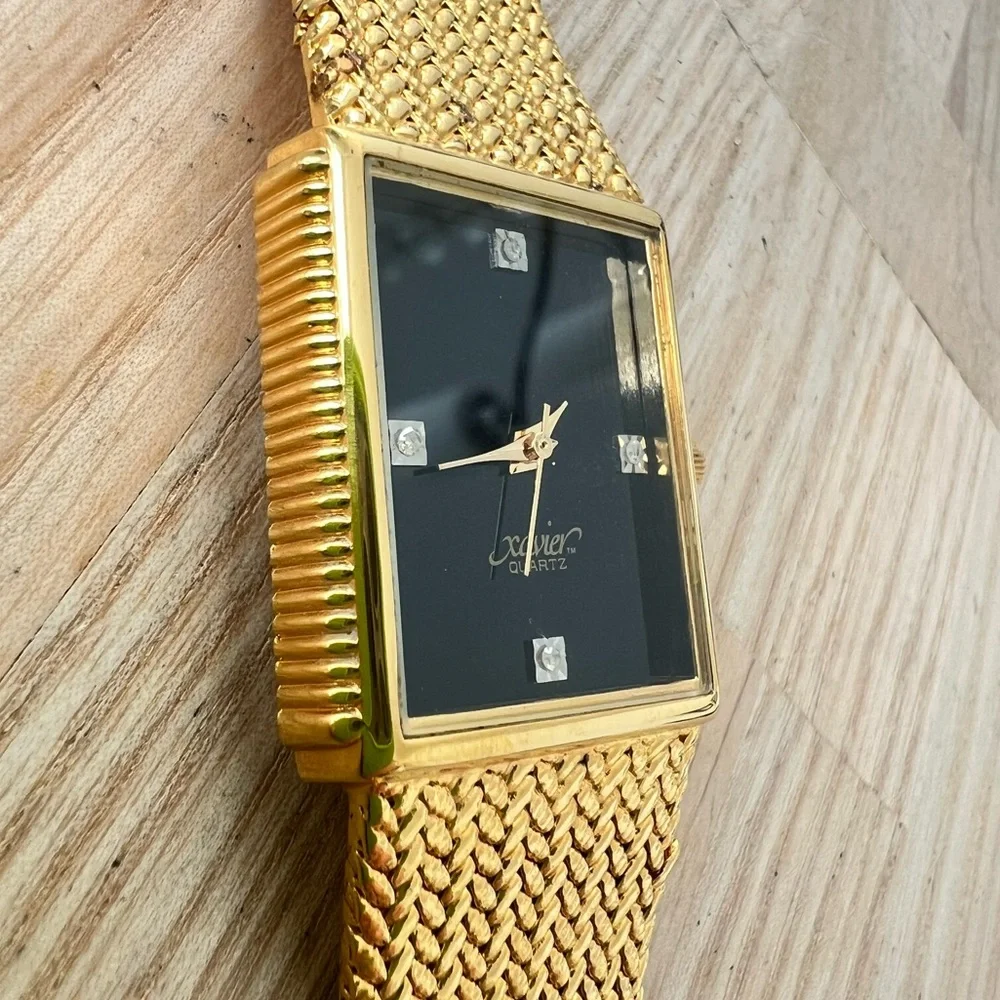 Vintage style Xavier mens rectangular gold tone dress watch NEW BATTERY
